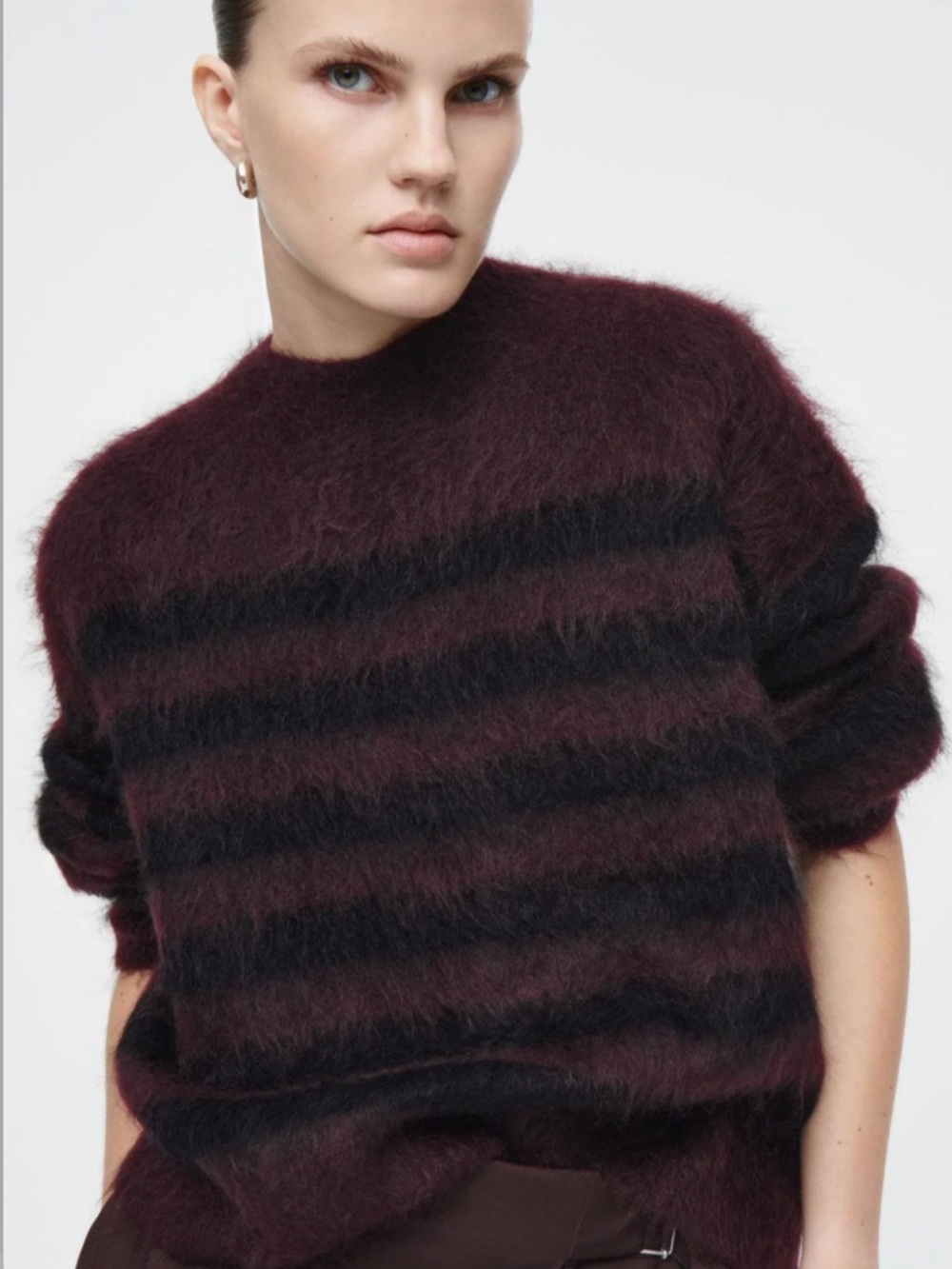 COS Burgundy and Black Striped Mohair Crew Neck Sweater